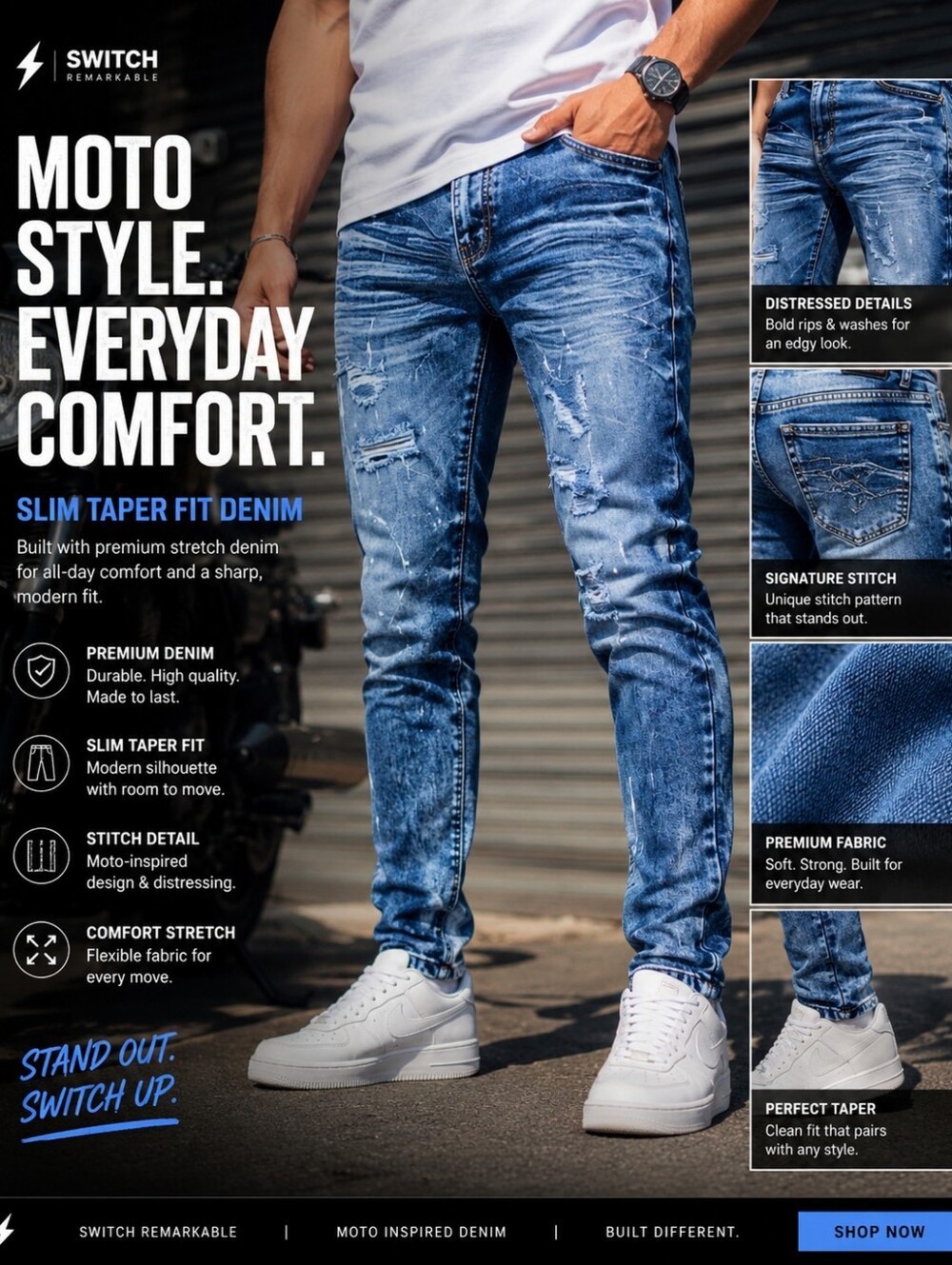 #SWITCH REMARKABLE #Slim Taper Fit Moto & #Stich Denim with Paint Splashes